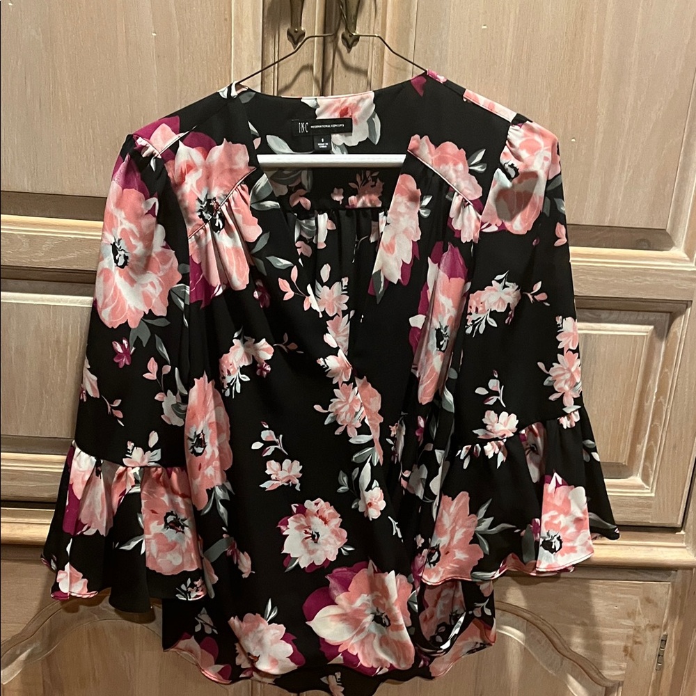 INC International Concepts Black and Pink Floral Blouse